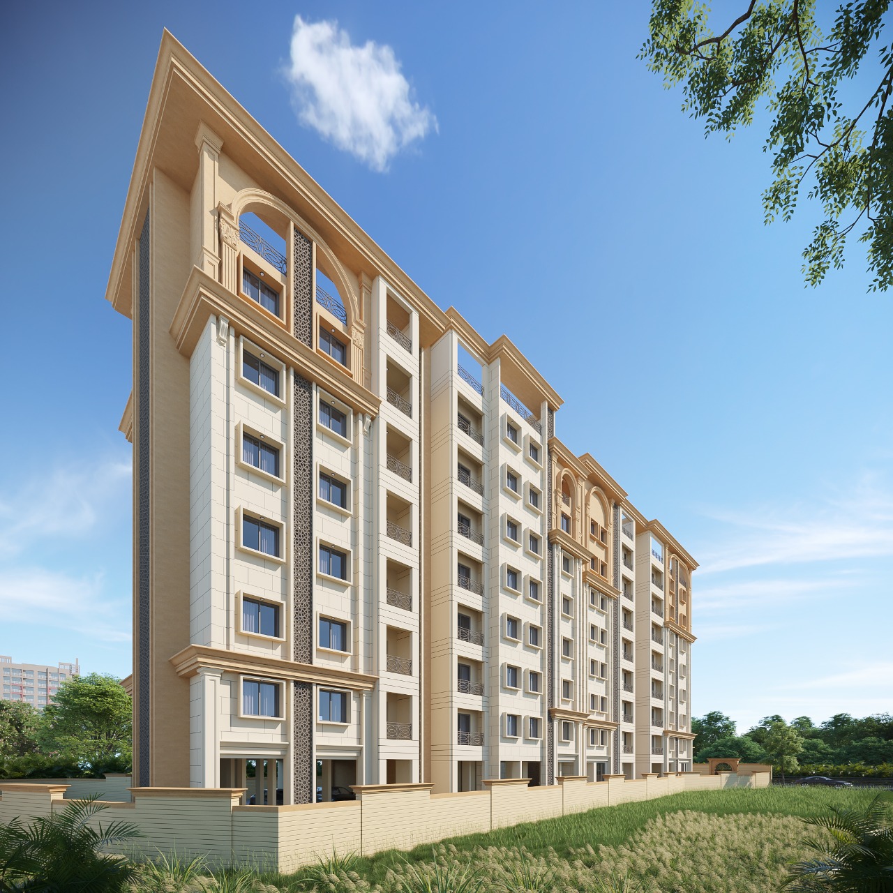 Upward view of the Navkar Heights building by Navkar Group